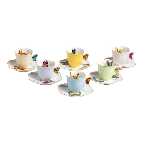 Borboleta Espresso Cup & Saucer Set of 6 | Fine Porcelain with Gold