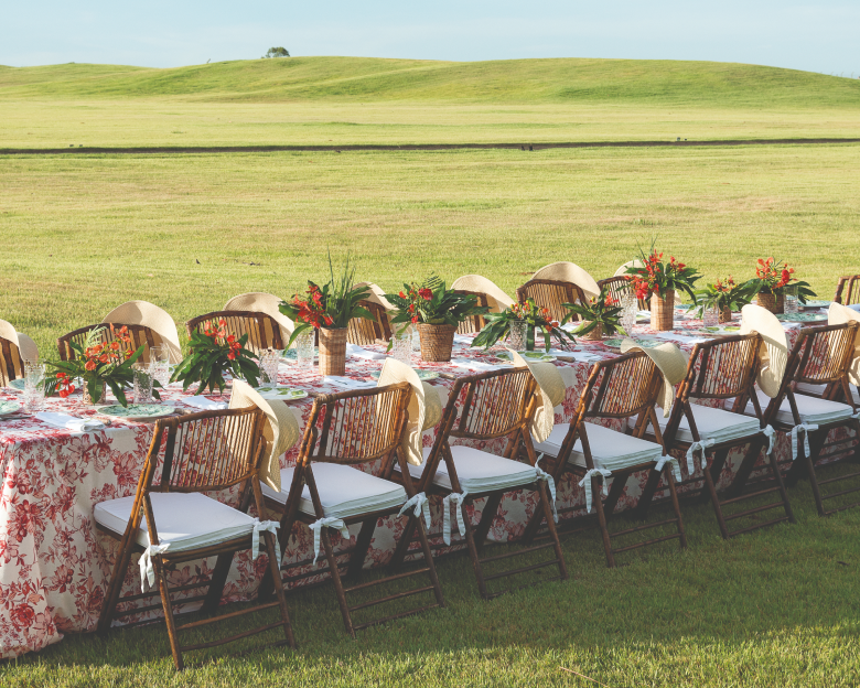 Outdoor sixteen person table setting in the countryside