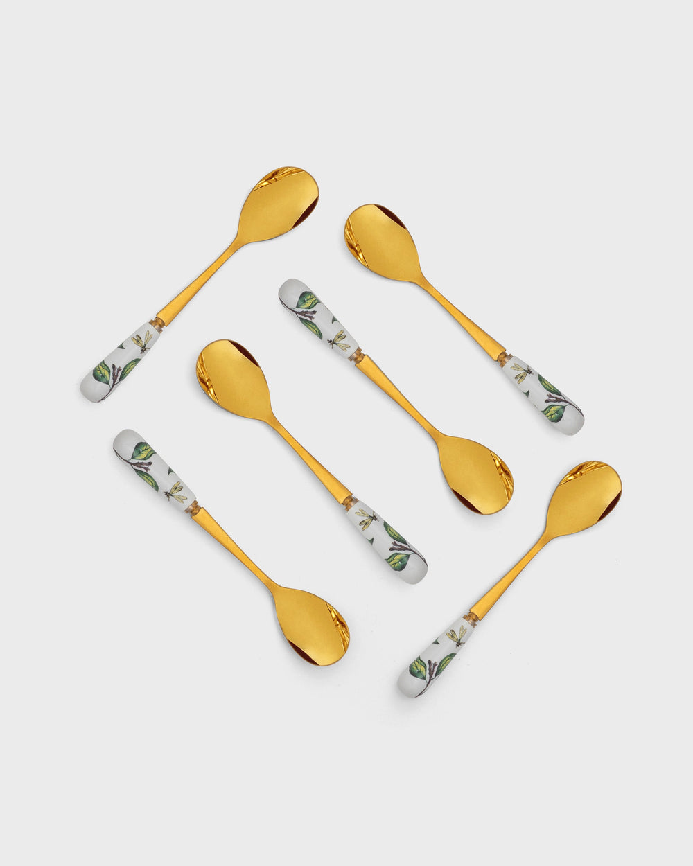 Tania Bulhoes Espresso Spoon Folhas Gold-Plated Stainless Steel Fine Porcelain 6 Piece Set