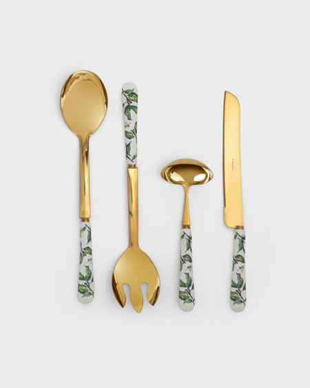 Tania Bulhoes Serving Utensils Folhas Gold-Plated Stainless Steel Fine Porcelain 4 Piece Set